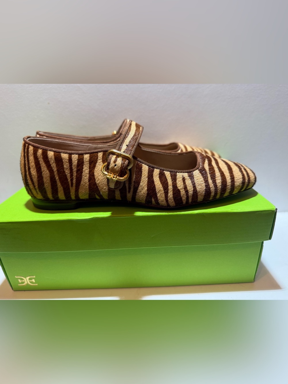 Sam Edelman Brown Zebra-Print Mary Jane Flats with Gold Buckle